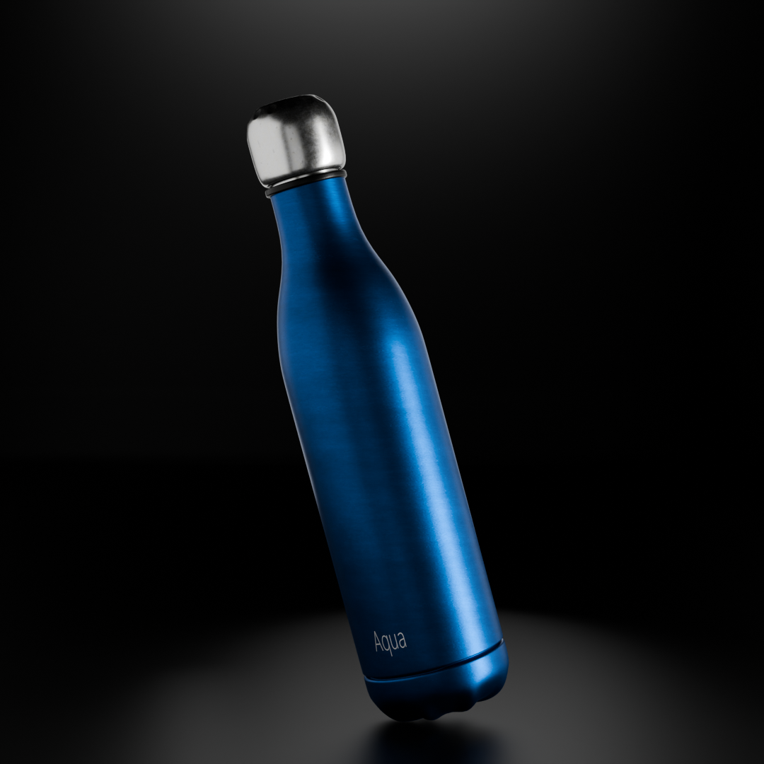 3D render of a blue Aqu insulated steel water bottle on a dark studio background