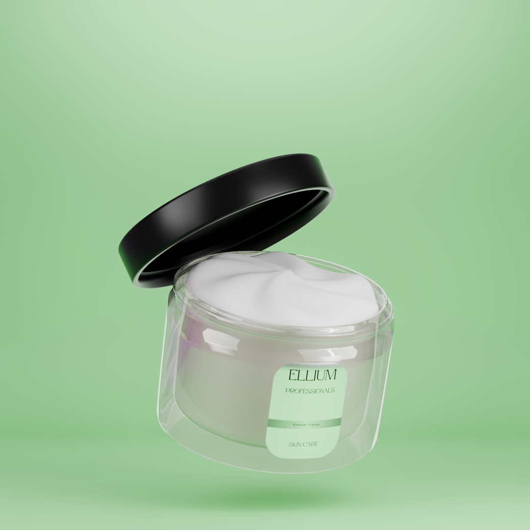 3D render of an open Ellium face cream jar on a green background