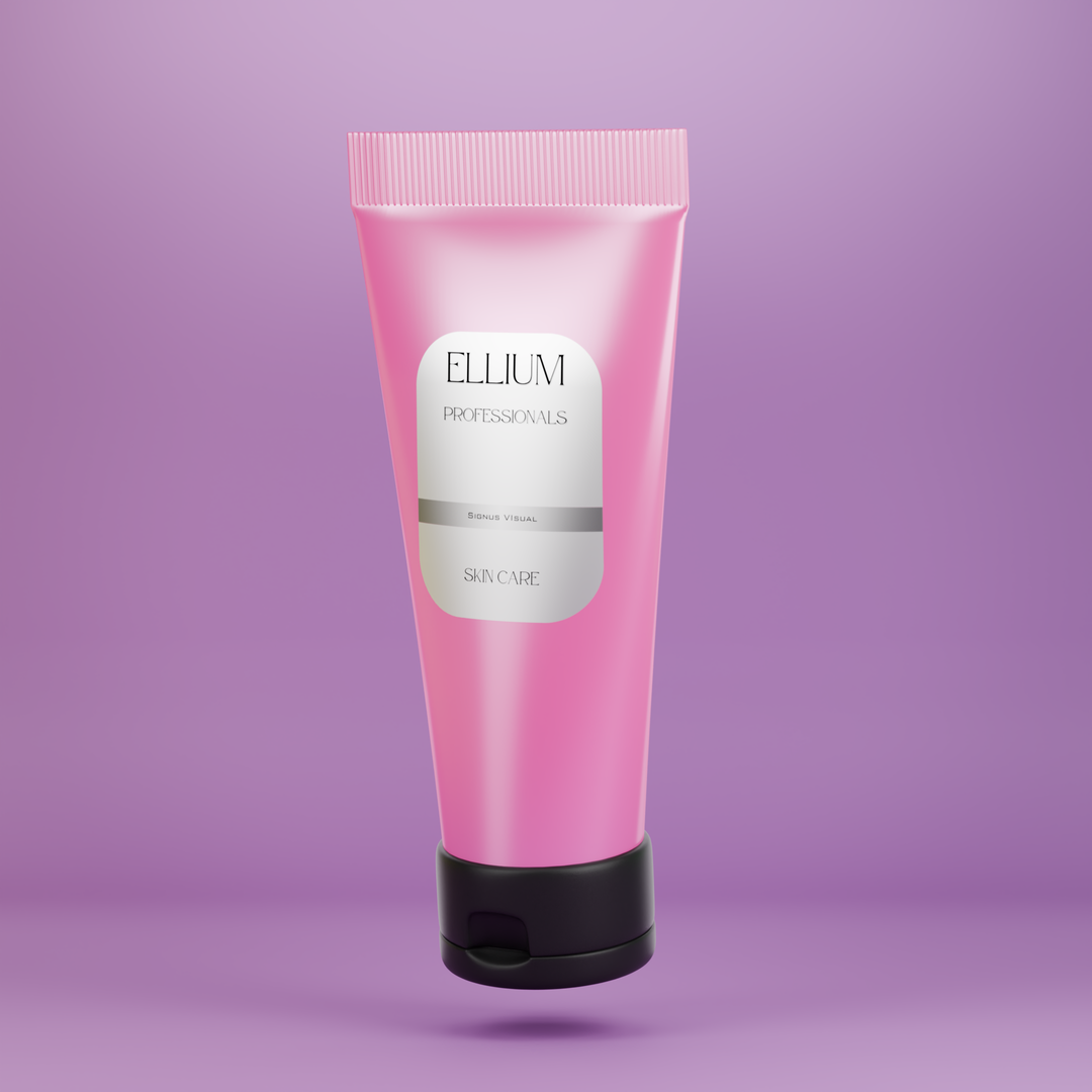 3D render of a pink Ellium skincare cream tube on a purple background