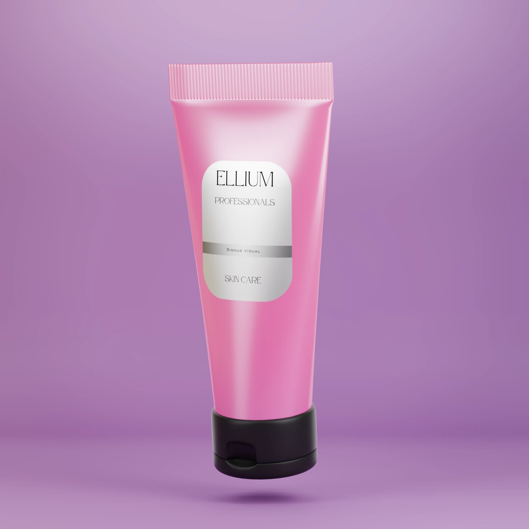 3D render of a pink Ellium skincare cream tube on a purple background