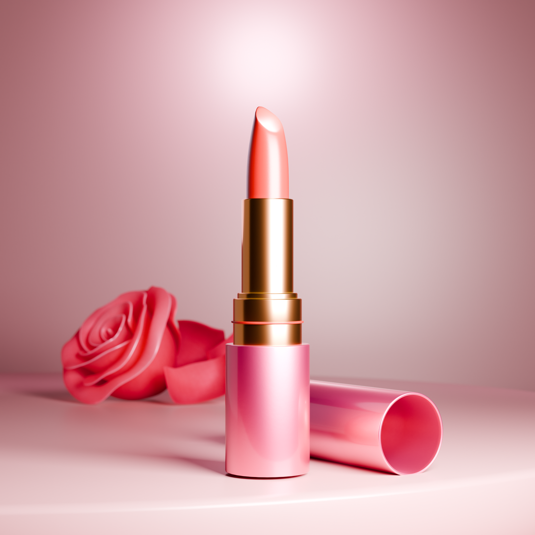 3D render of a pink and gold lipstick beside a rose on a soft pink background