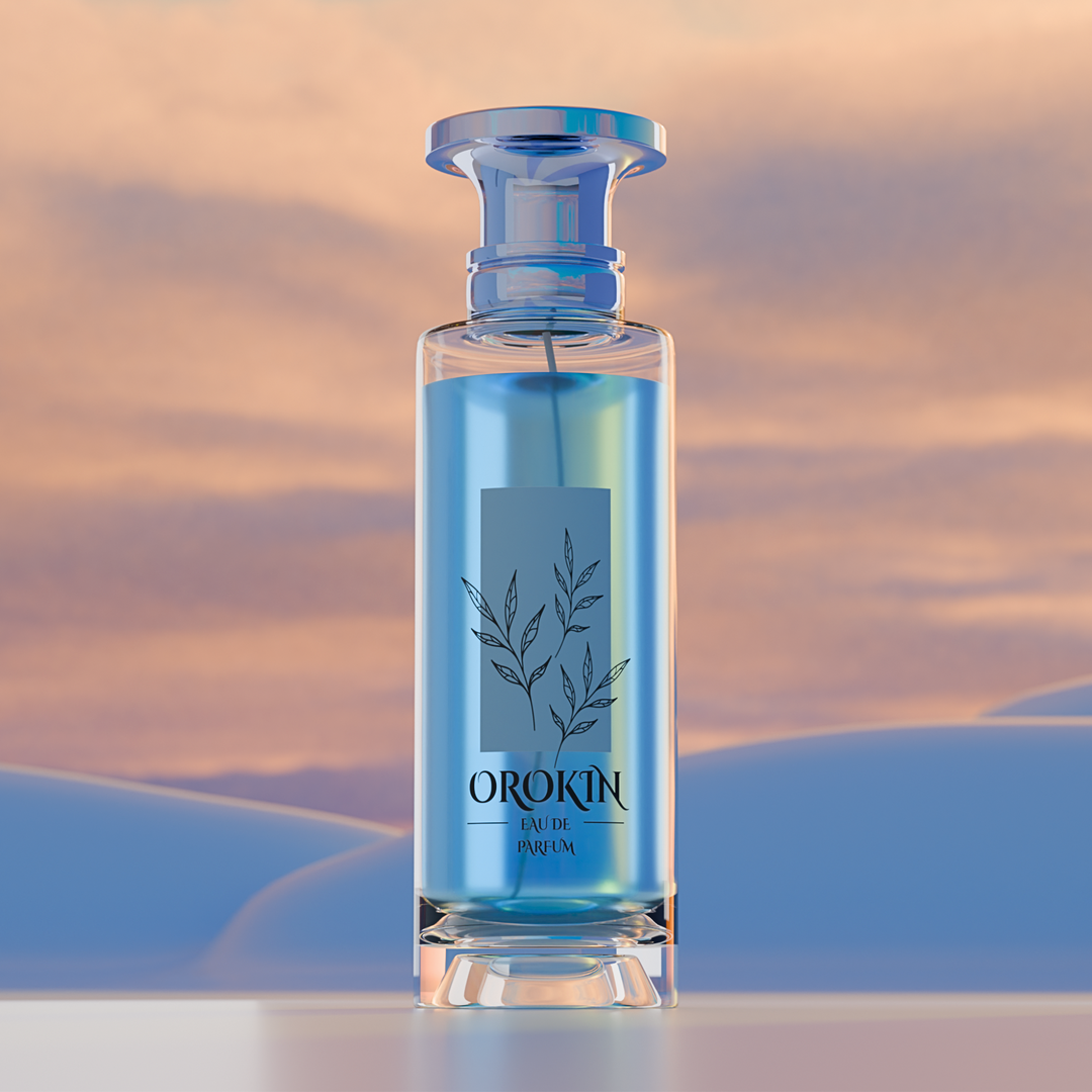 3D product render of an Orokin eau de parfum glass bottle against a sunset landscape