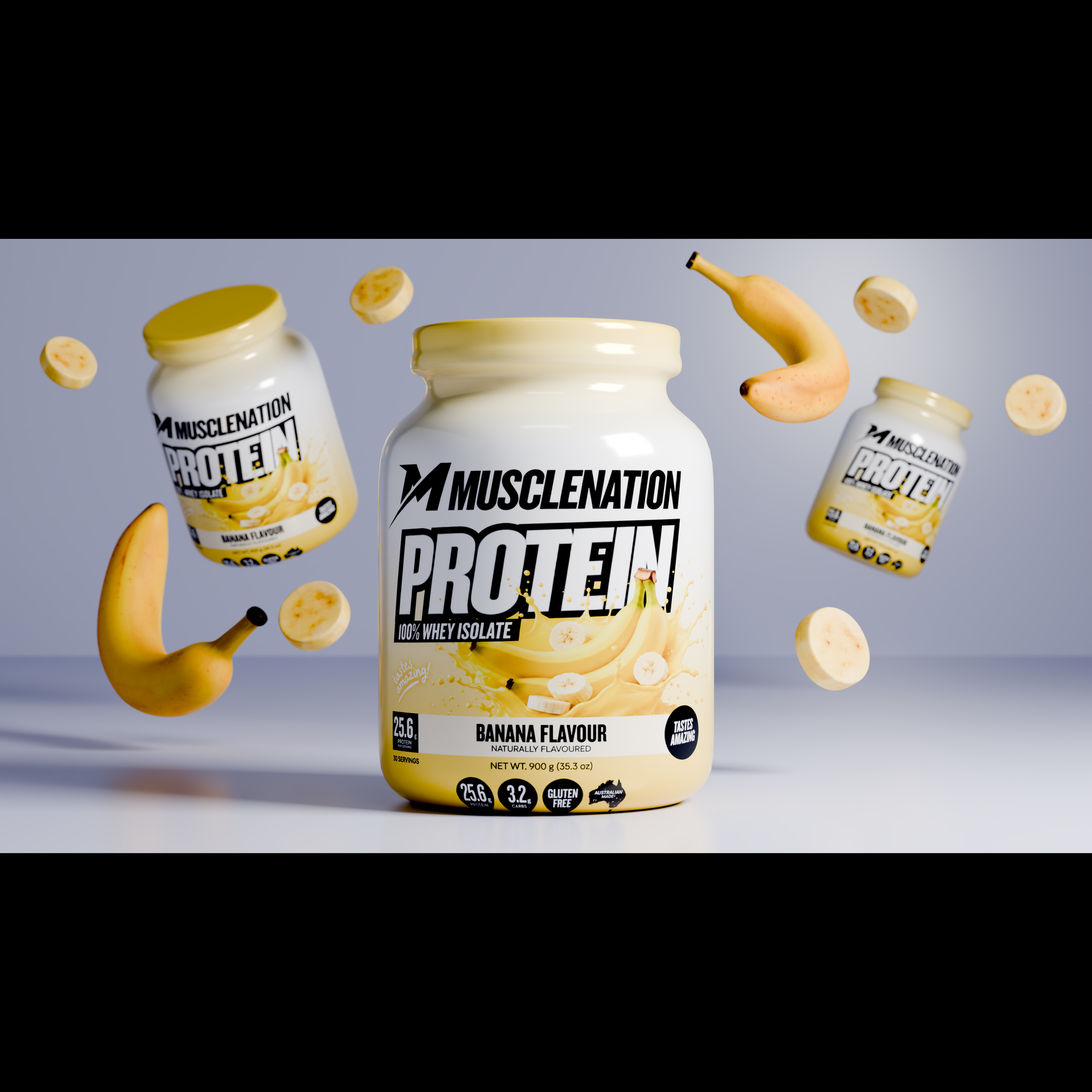 3D render of a MuscleNation banana flavour protein powder jar with floating bananas