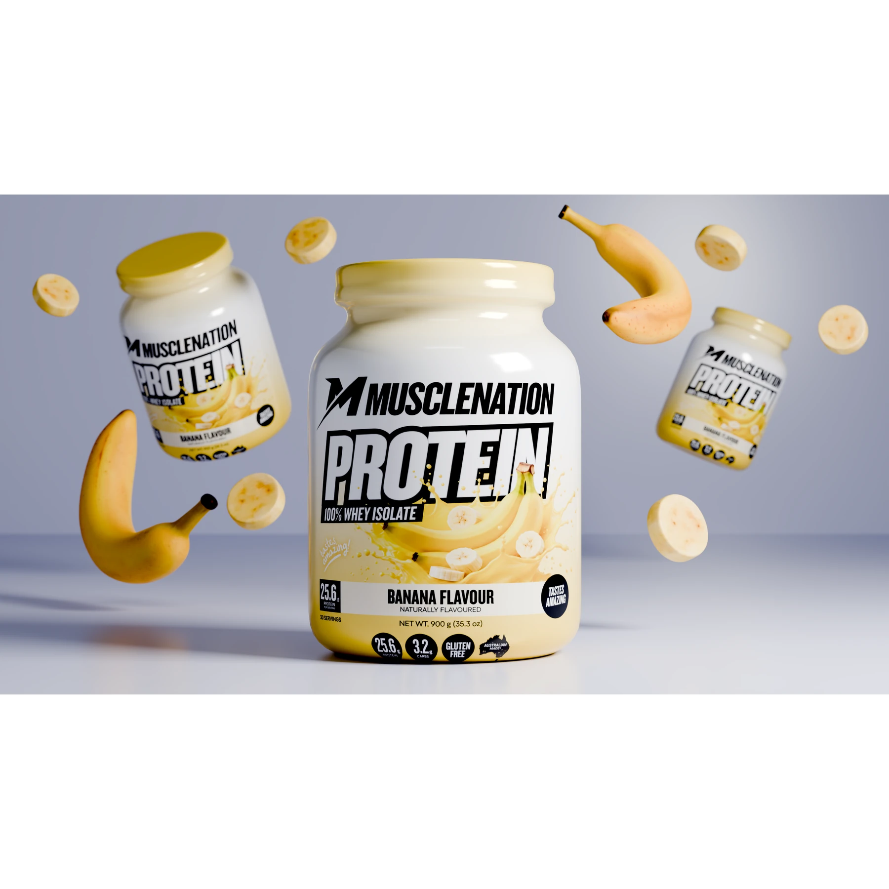3D render of a MuscleNation banana flavour protein powder jar with floating bananas