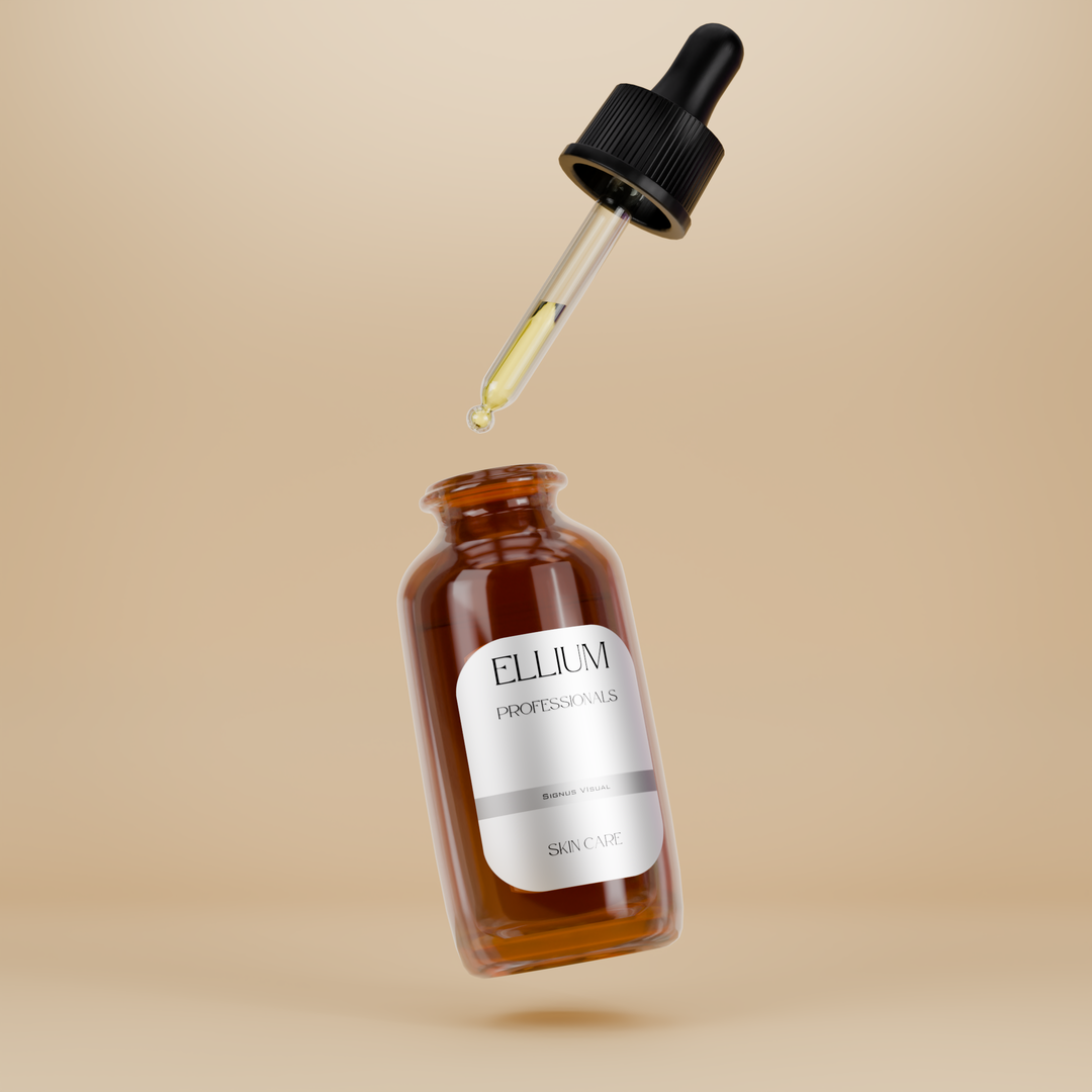 3D render of an Ellium amber glass skincare serum dropper bottle